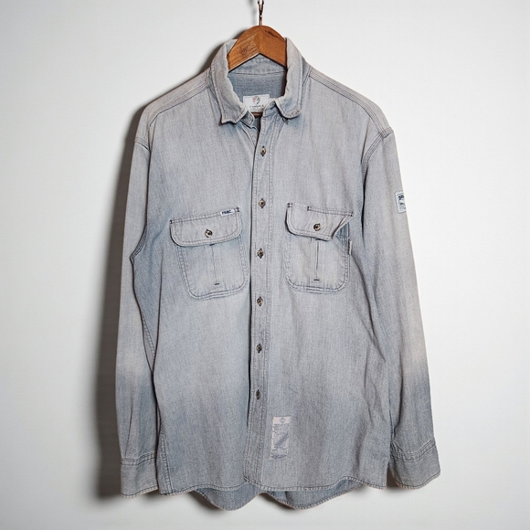 Tyndale FR Chambray Ombre Button Up Shirt Mens L Blue Grey Triple Stitch - Picture 1 of 14